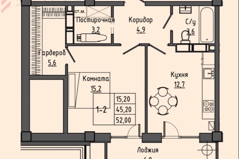 1-к квартира, 52 м², 3/7 эт.