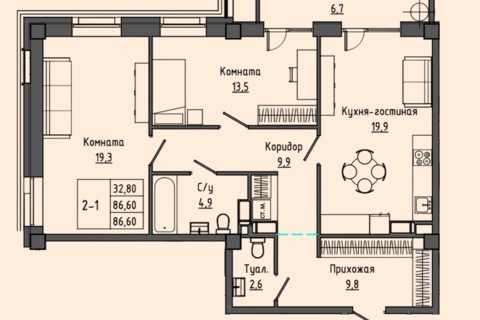 2-к квартира, 84,3 м², 3/7 эт.